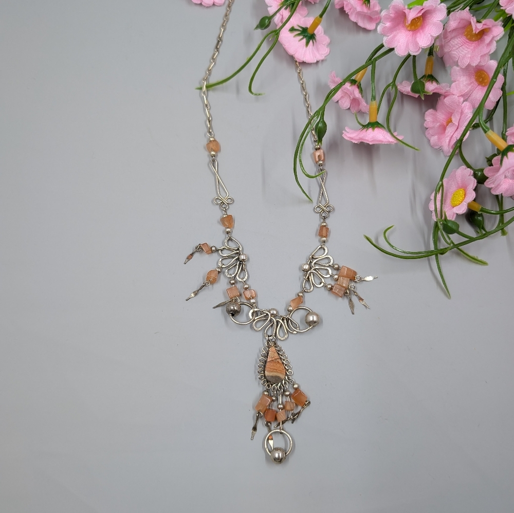 Beautiful Genuine Jasper Stone And Alpaca Silver Vintage Peruvian Necklace